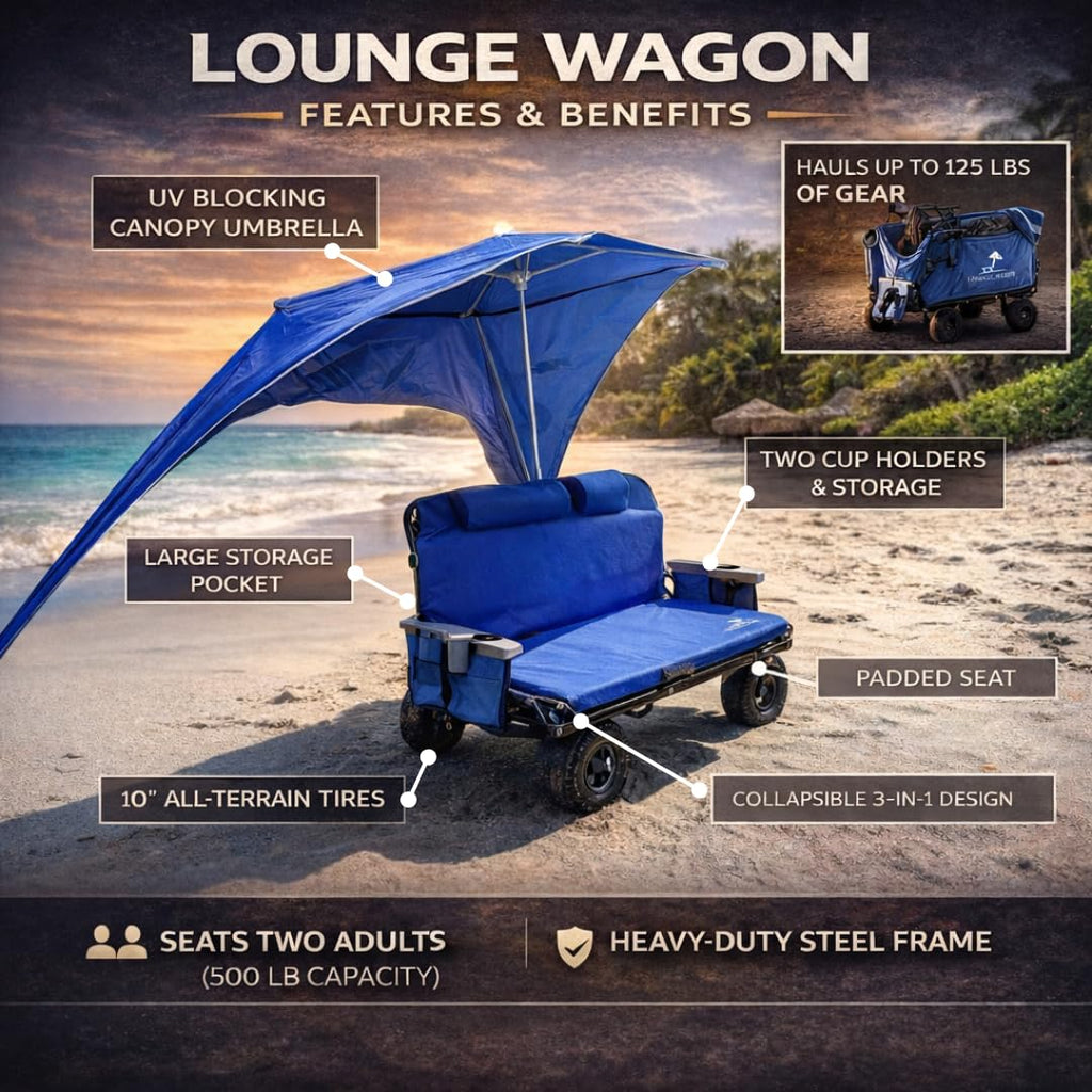 3-in-1 Outdoor Lounge Wagon with Canopy – Folding Double Seat Wagon Cart for Beach, Camping & Family Adventures