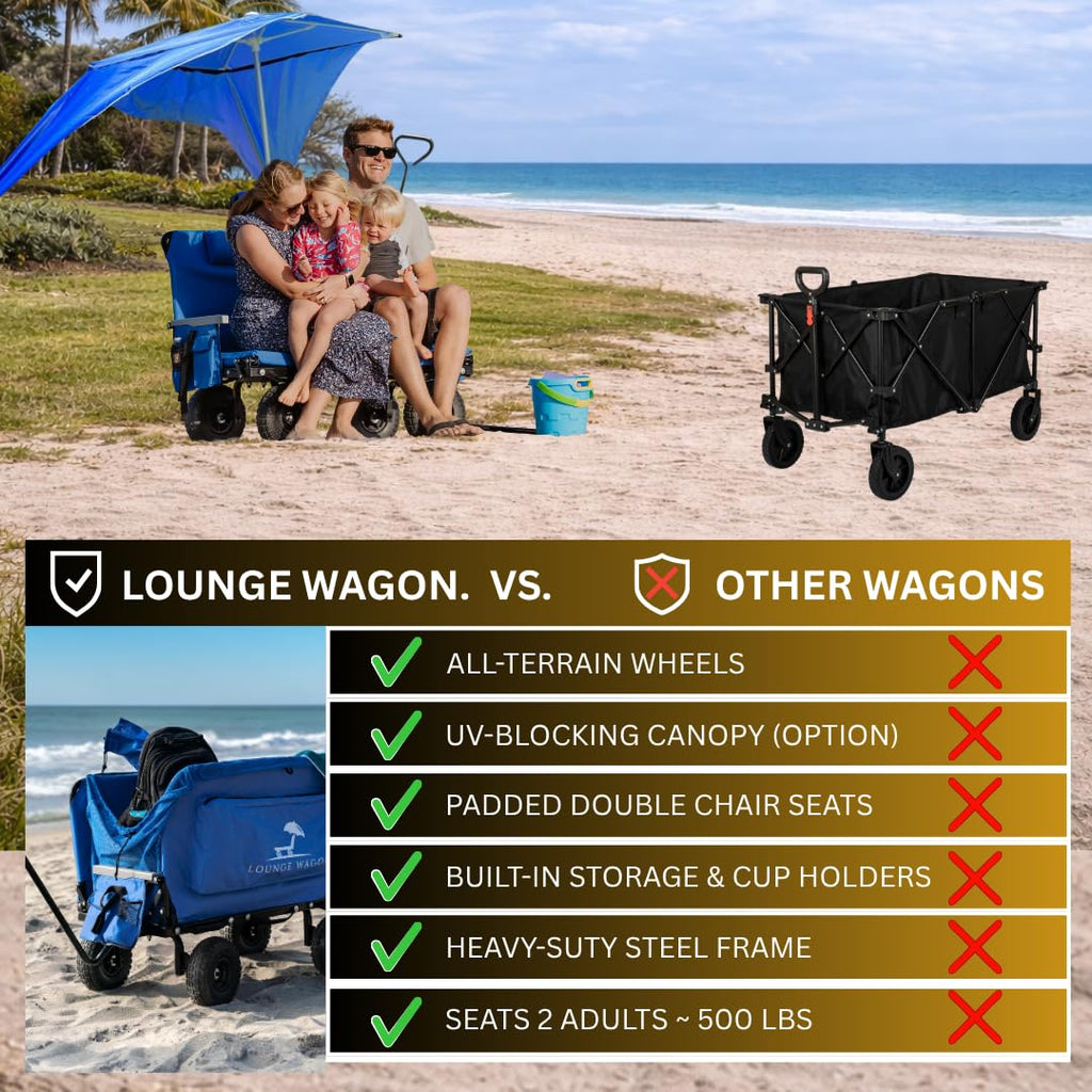 3-in-1 Outdoor Lounge Wagon with Canopy – Folding Double Seat Wagon Cart for Beach, Camping & Family Adventures