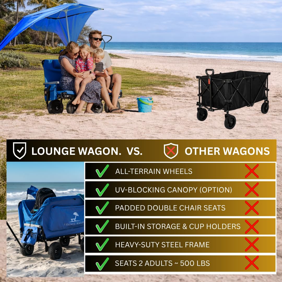 3-in-1 Outdoor Lounge Wagon with Canopy – Folding Double Seat Wagon Cart for Beach, Camping & Family Adventures