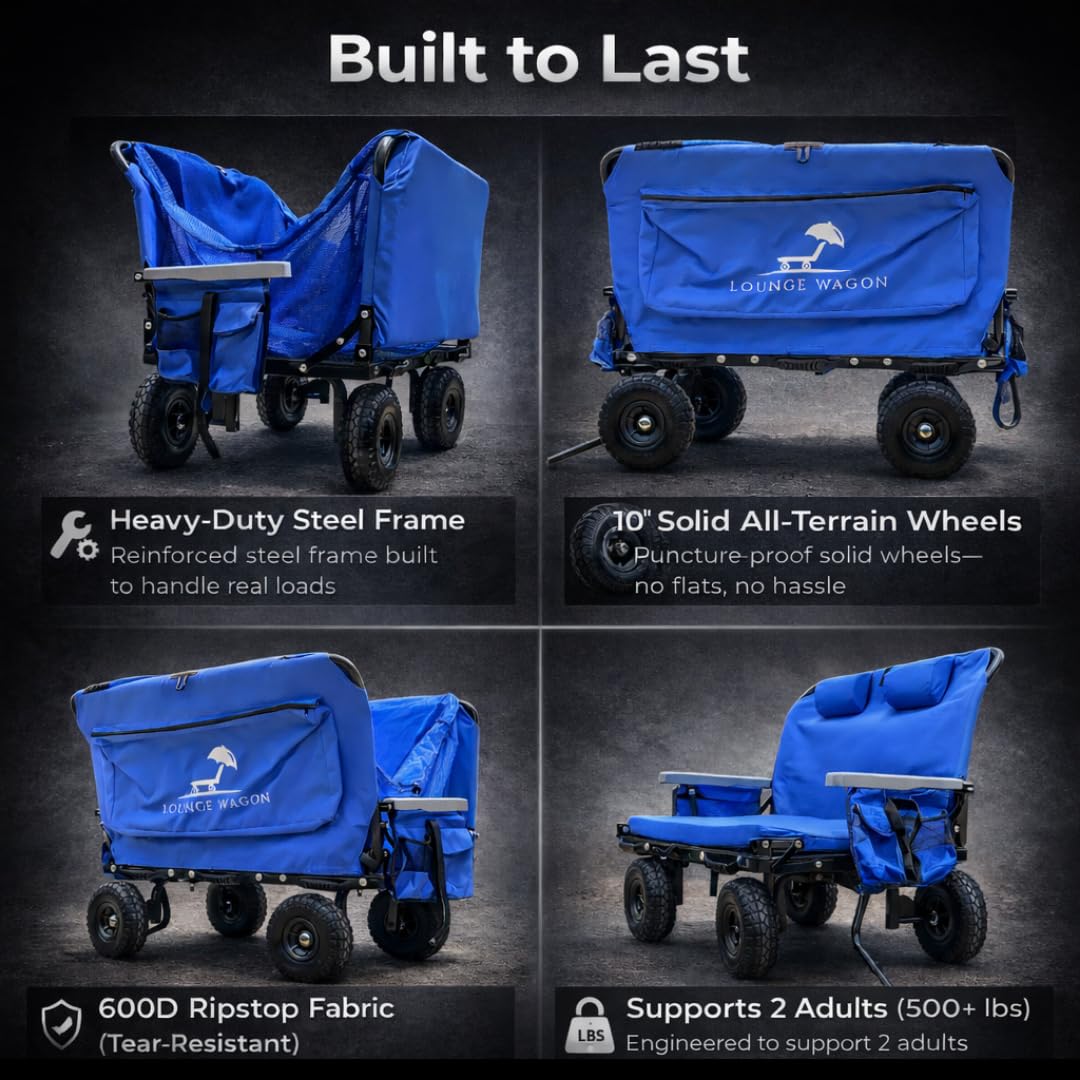 3-in-1 Outdoor Lounge Wagon with Canopy – Folding Double Seat Wagon Cart for Beach, Camping & Family Adventures