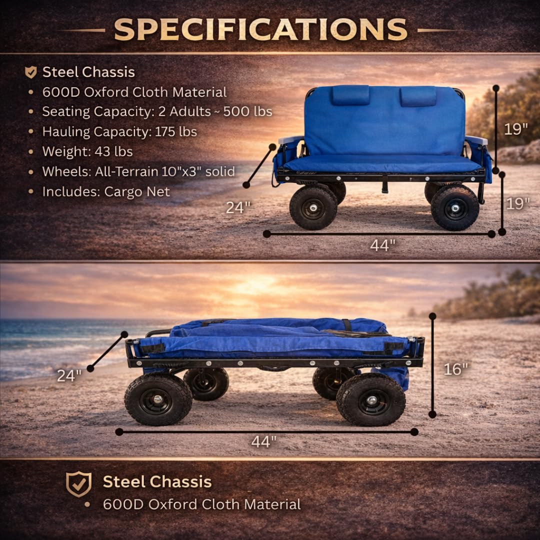 3-in-1 Outdoor Lounge Wagon with Canopy – Folding Double Seat Wagon Cart for Beach, Camping & Family Adventures