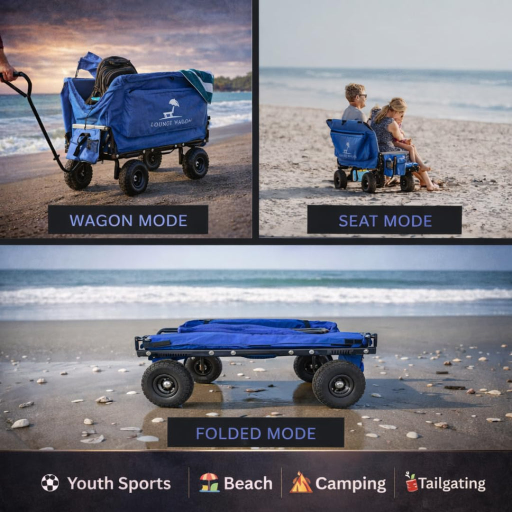 3-in-1 Outdoor Lounge Wagon with Canopy – Folding Double Seat Wagon Cart for Beach, Camping & Family Adventures