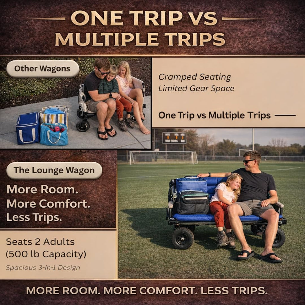 3-in-1 Outdoor Lounge Wagon with Canopy – Folding Double Seat Wagon Cart for Beach, Camping & Family Adventures