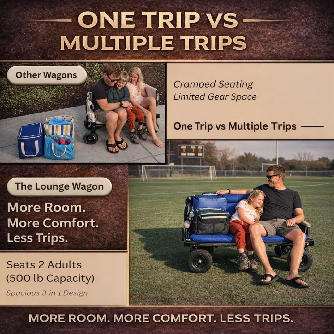 3-in-1 Outdoor Lounge Wagon with Canopy – Folding Double Seat Wagon Cart for Beach, Camping & Family Adventures